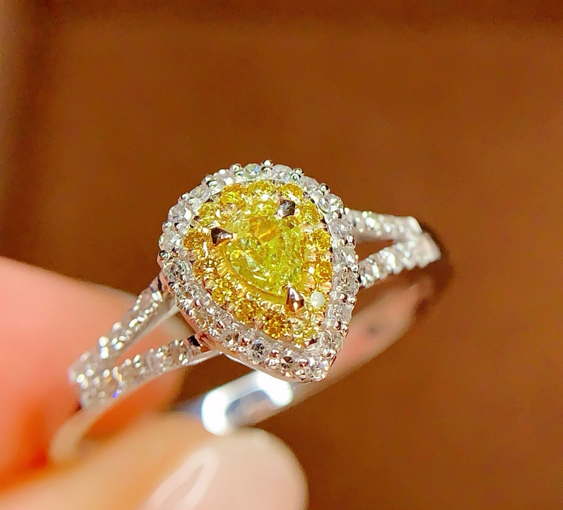 14k Gold 0.3 Ct Natural Yellow Diamond & Diamond Ring: Ref:231034311 // gold content:14k gold // ring size:7. 25us // // main gemstone:yellow diamond // shape:pear // carat weight:0. 3ct // color:yellow // treatment:natural // // adjacent gemstone 2 :