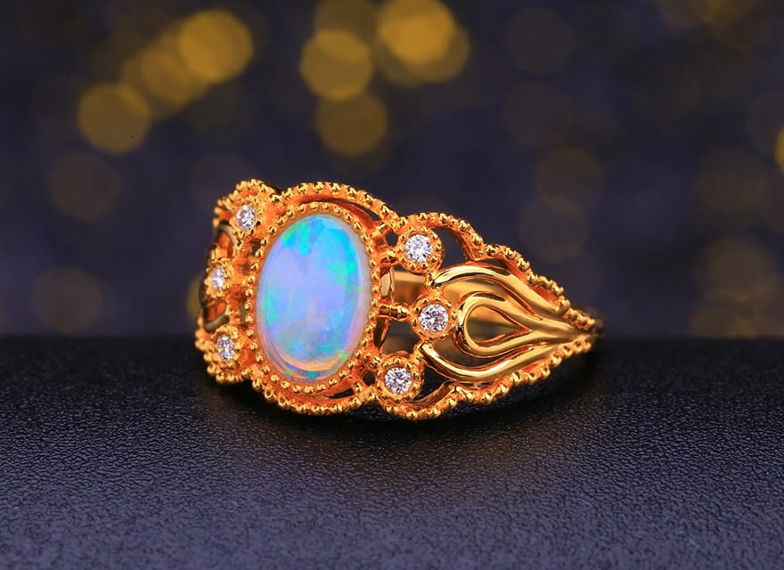 14k Gold 0.90 Ctw Natural Opal & Diamond Ring - 2