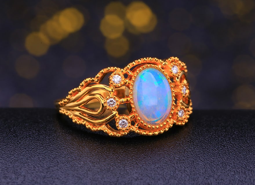 14k Gold 0.90 Ctw Natural Opal & Diamond Ring - 3