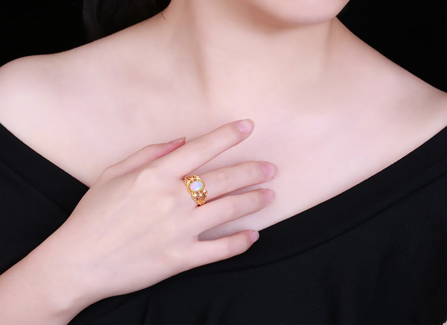 14k Gold 0.90 Ctw Natural Opal & Diamond Ring - 5