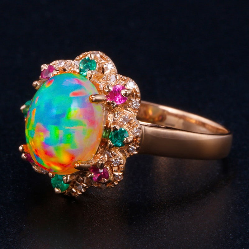 14k Gold 1.65 Ctw Natural Opal & Diamond Ring - 2