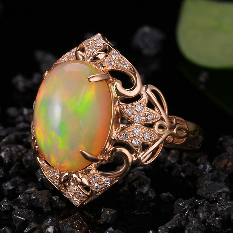 14k Gold 4.15 Ctw Natural Opal & Diamond Ring - 2