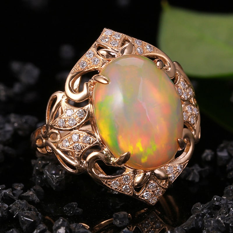 14k Gold 4.15 Ctw Natural Opal & Diamond Ring - 3