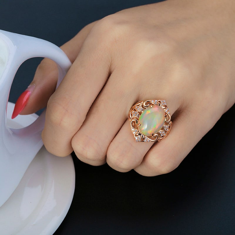 14k Gold 4.15 Ctw Natural Opal & Diamond Ring - 4