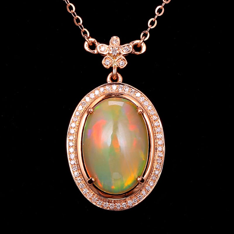 14k Gold 3.33 Ctw Natural Opal & Diamond Necklace: Ref:231034318 // gold content:14k gold // main gemstone:opal // shape:oval // carat weight:3. 15ct // color:color // treatment:natural // // adjacent gemstone 2 : diamond // shape:round // carat