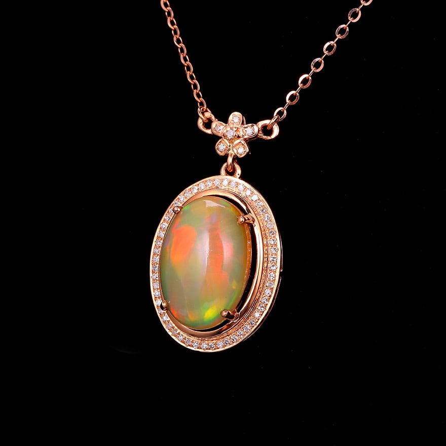 14k Gold 3.33 Ctw Natural Opal & Diamond Necklace - 2