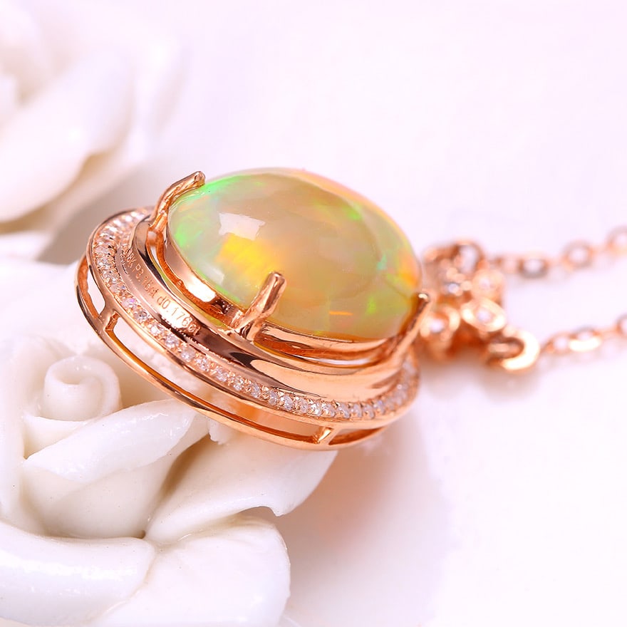 14k Gold 3.33 Ctw Natural Opal & Diamond Necklace - 4
