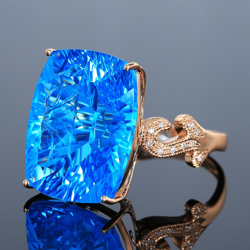 14k Gold 22.29 Ct Natural Topaz & Diamond Ring - 2