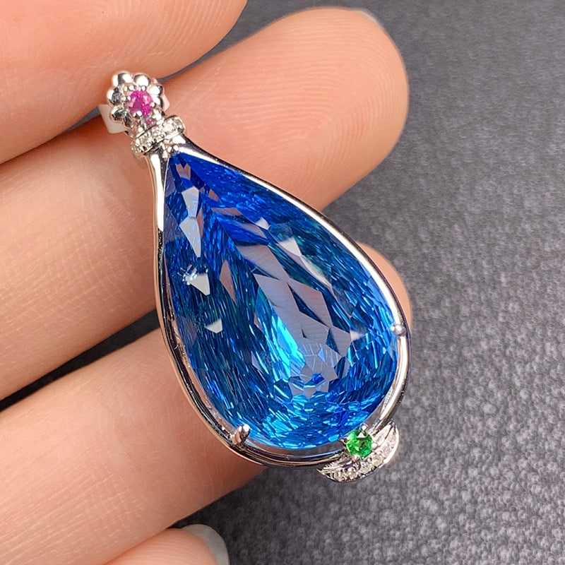 14k Gold 17.41 Ct Natural Topaz & Diamond & Ruby & Tsavorite Pendant( Without Chain ) - 2