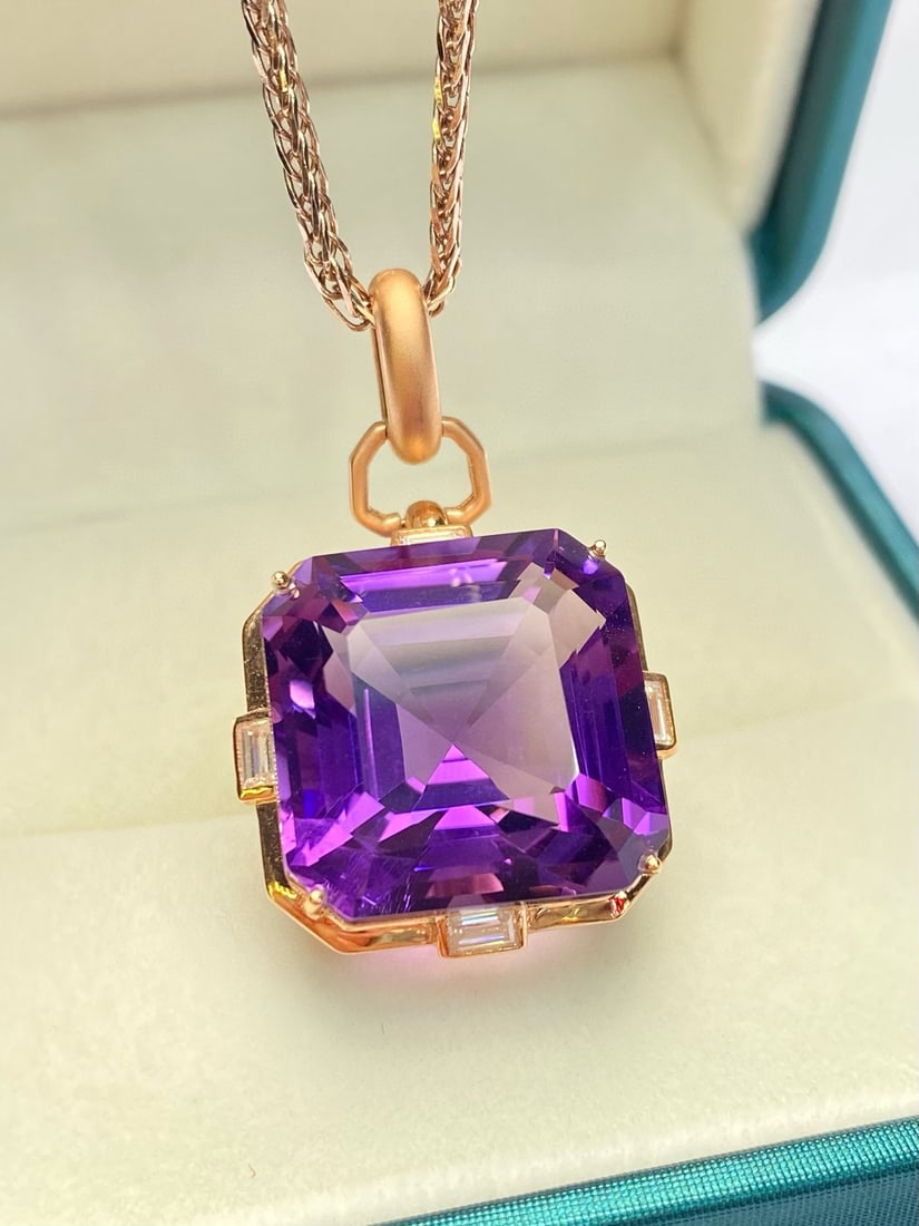 14k Gold 21.10 Ct Natural Amethyst & Diamond Pendant( Without Chain ): Ref:231034355 // gold content:14k gold // main gemstone:amethyst // shape:octagonal // carat weight:21. 10ct // color:purple // treatment:natural // // adjacent gemstone 2 : diamond // number of