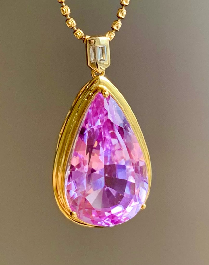 14k Gold 22.6 Ct Natural Kunzite & Sapphire Pendant( Without Chain ) - 2