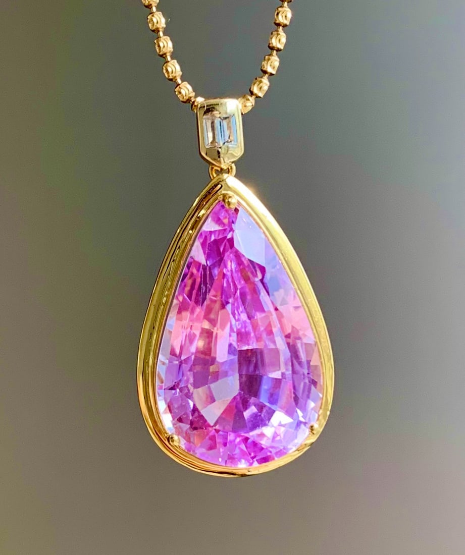 14k Gold 22.6 Ct Natural Kunzite & Sapphire Pendant( Without Chain ) - 3