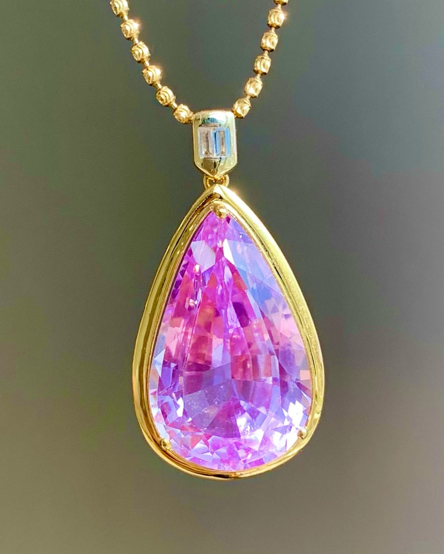 14k Gold 22.6 Ct Natural Kunzite & Sapphire Pendant( Without Chain ) - 4