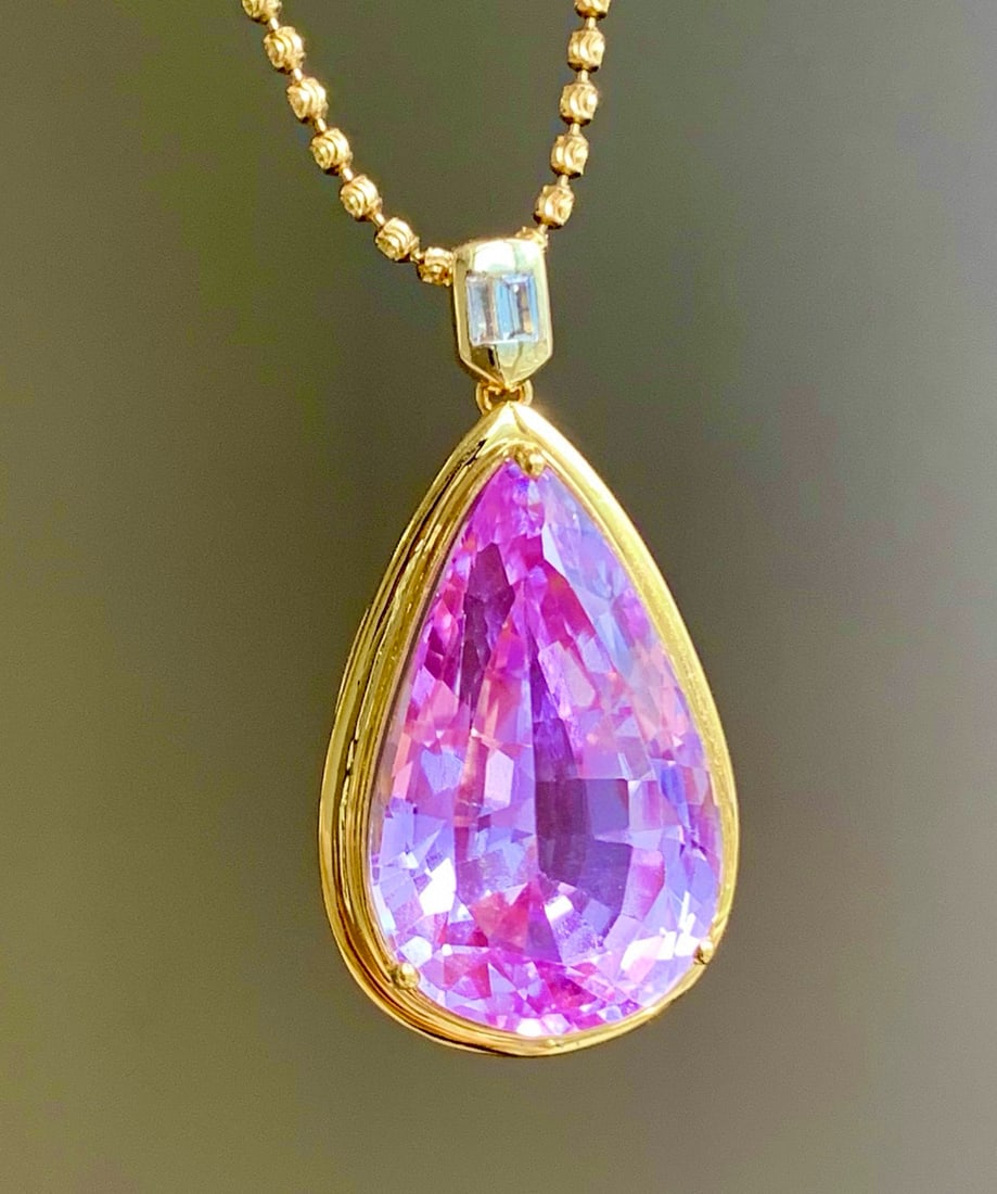 14k Gold 22.6 Ct Natural Kunzite & Sapphire Pendant( Without Chain ) - 5