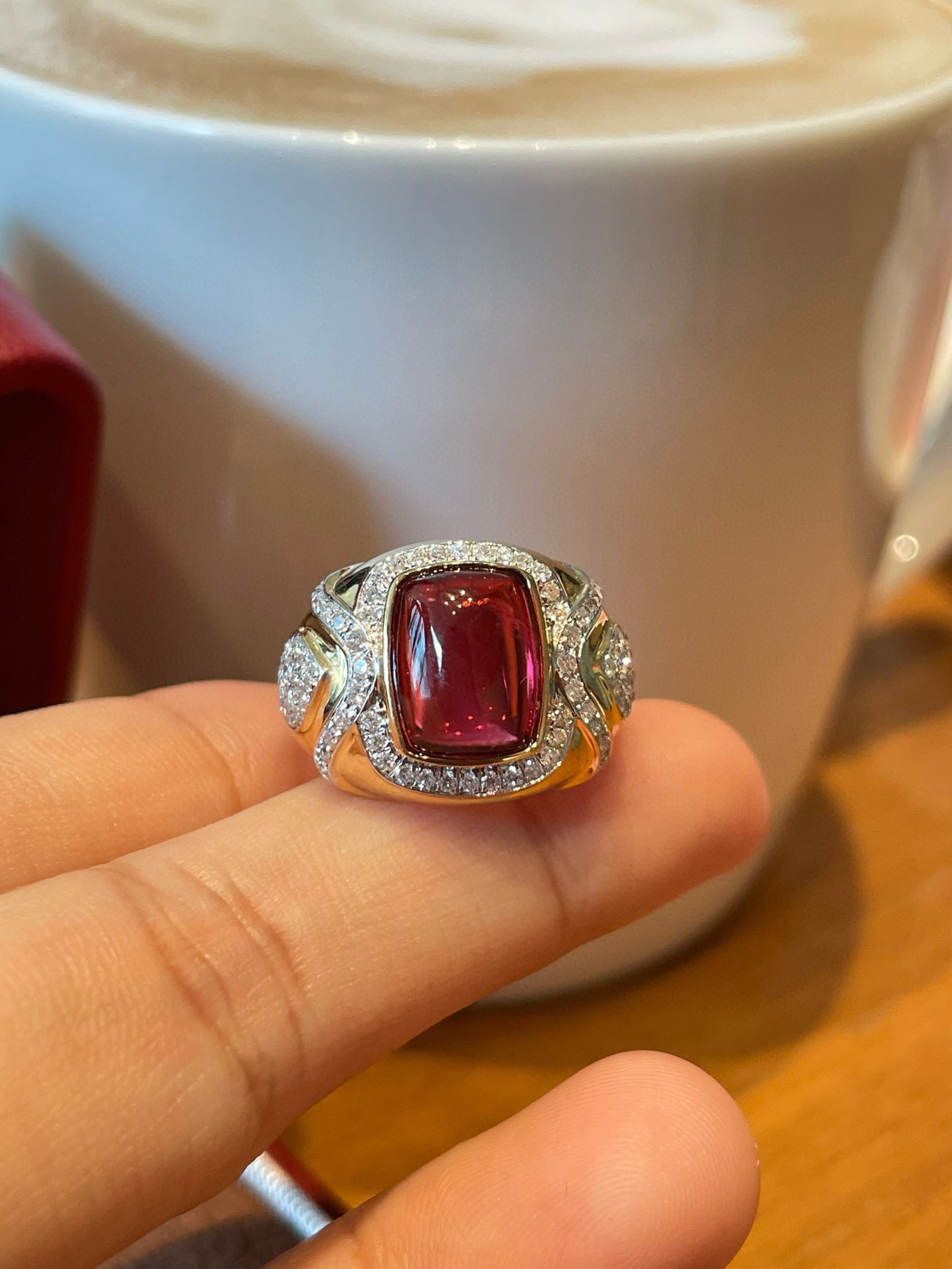 14k Gold 3.3 Ct Natural Tourmaline & Diamond Ring: Ref:231034411 // gold content:14k gold // ring size:7. 25us // // main gemstone:tourmaline // shape:cushion // carat weight:3. 3ct // color:red // treatment:natural // // adjacent gemstone 2 :