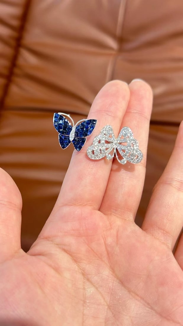 14k Gold 5.41 Ctw Natural Sapphire & Diamond & Butterfly Ring - 2