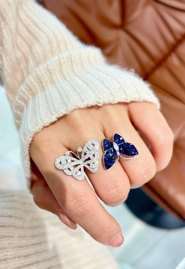 14k Gold 5.41 Ctw Natural Sapphire & Diamond & Butterfly Ring - 7