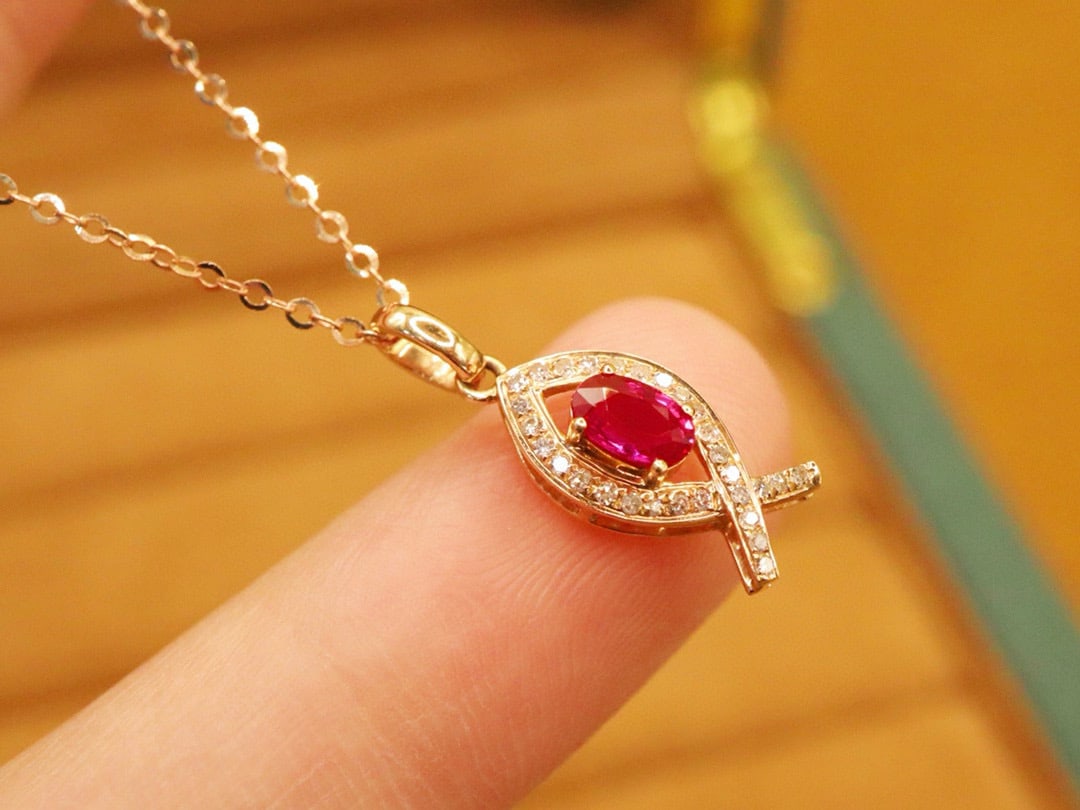 14k Gold 0.44 Ctw Natural Ruby & Diamond Pendant( Without Chain ) - 2
