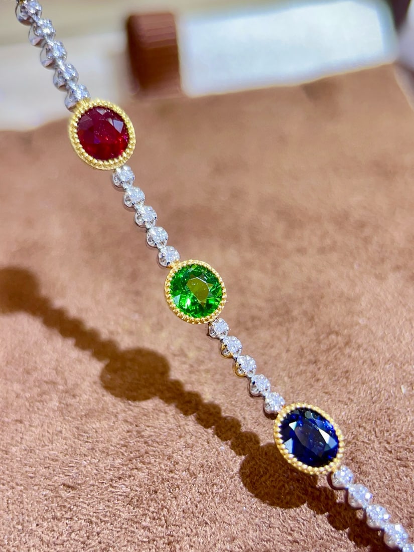 14k Gold 4.43 Ctw Natural Sapphire & Ruby & Tsavorite & Diamond Bracelet - 2