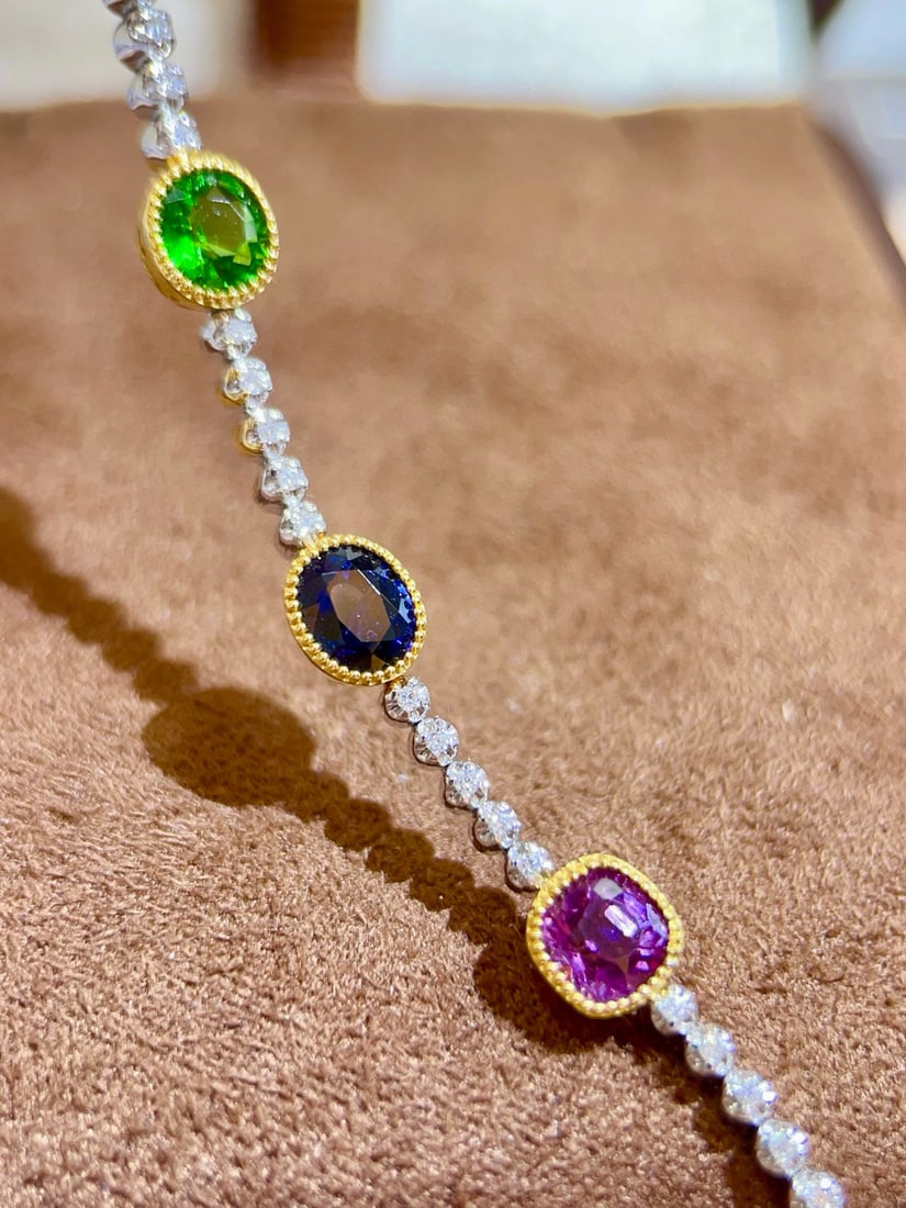 14k Gold 4.43 Ctw Natural Sapphire & Ruby & Tsavorite & Diamond Bracelet - 3