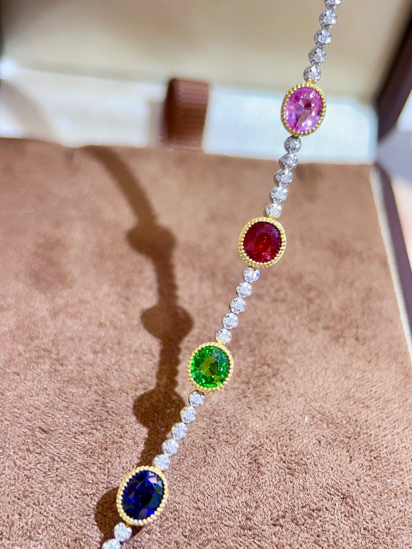 14k Gold 4.43 Ctw Natural Sapphire & Ruby & Tsavorite & Diamond Bracelet - 4