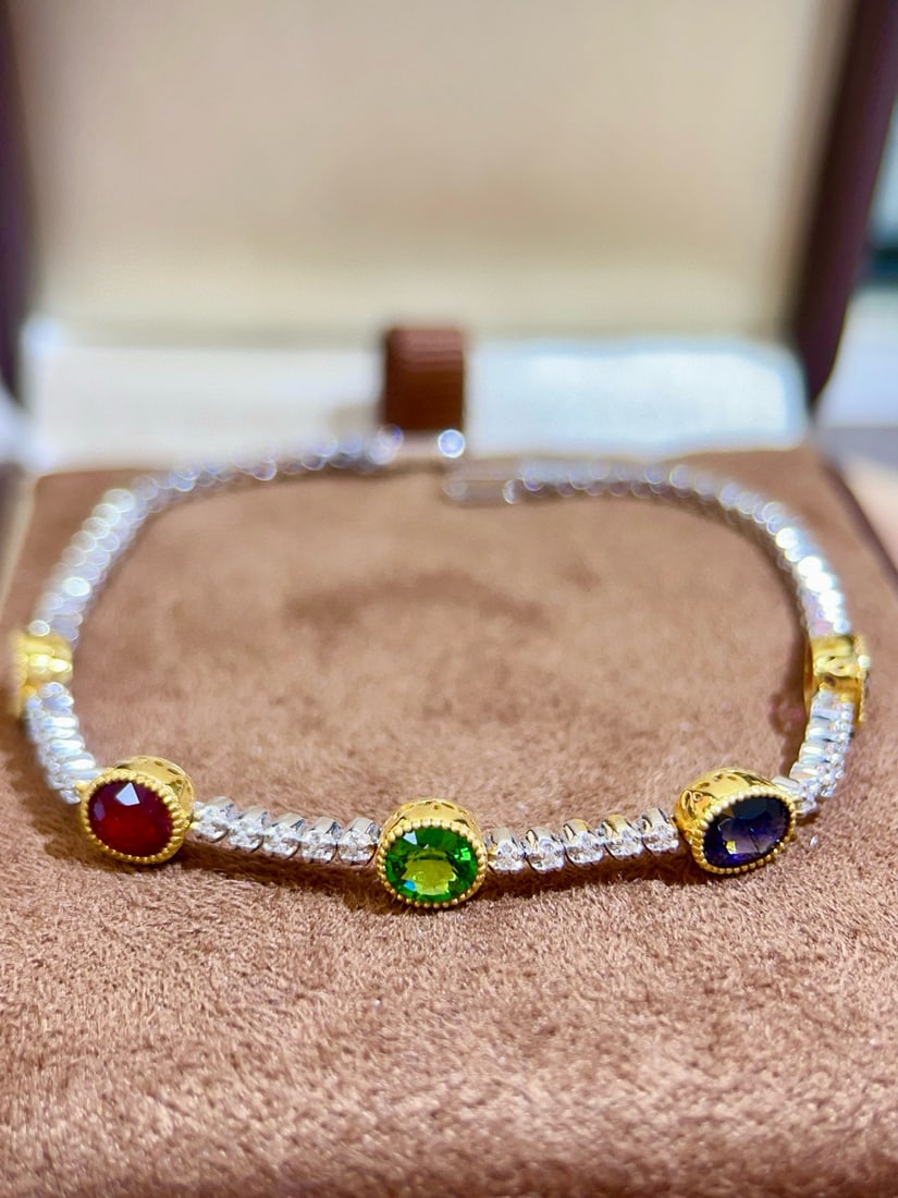 14k Gold 4.43 Ctw Natural Sapphire & Ruby & Tsavorite & Diamond Bracelet - 5
