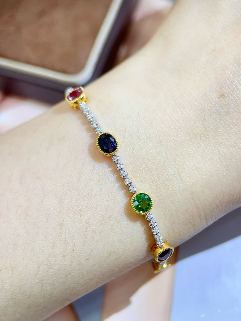 14k Gold 4.43 Ctw Natural Sapphire & Ruby & Tsavorite & Diamond Bracelet - 6