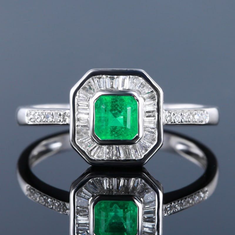 14k Gold 0.48 Ct Vivid Green Natural Emerald & Diamond Ring: Ref:231034432 // gold content:14k gold // ring size:7. 25us // // main gemstone:emerald // shape:octagonal // carat weight:0. 48ct // color:vivid green // treatment:natural // // adjacent gemstone 2