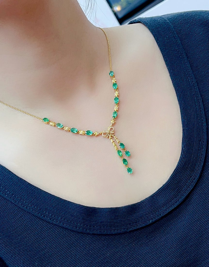 14k Gold 6.00 Ct Natural Emerald & Diamond & Sapphire Necklace - 6