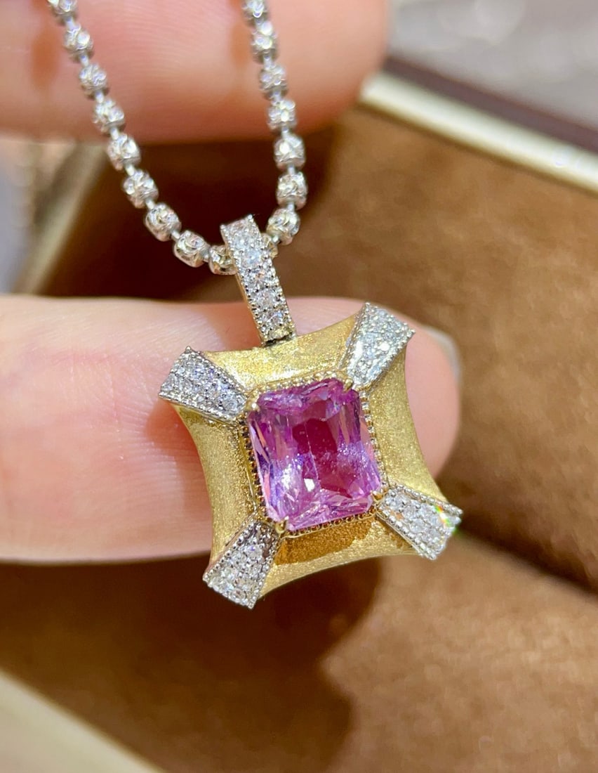 14k Gold 1.74 Ctw Natural Padparadscha Sapphire & Diamond Pendant( Without Chain ) - 2