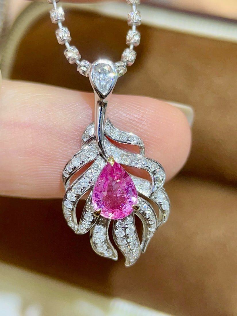 14k Gold 1.10 Ctw Natural Padparadscha Sapphire & Diamond Pendant( Without Chain ): Ref:231034438 // gold content:14k gold // main gemstone:padparadscha sapphire // shape:pear // carat weight:0. 80ct // color:orangish pink // treatment:natural // // adjacent gemstone 2 : diamond // s
