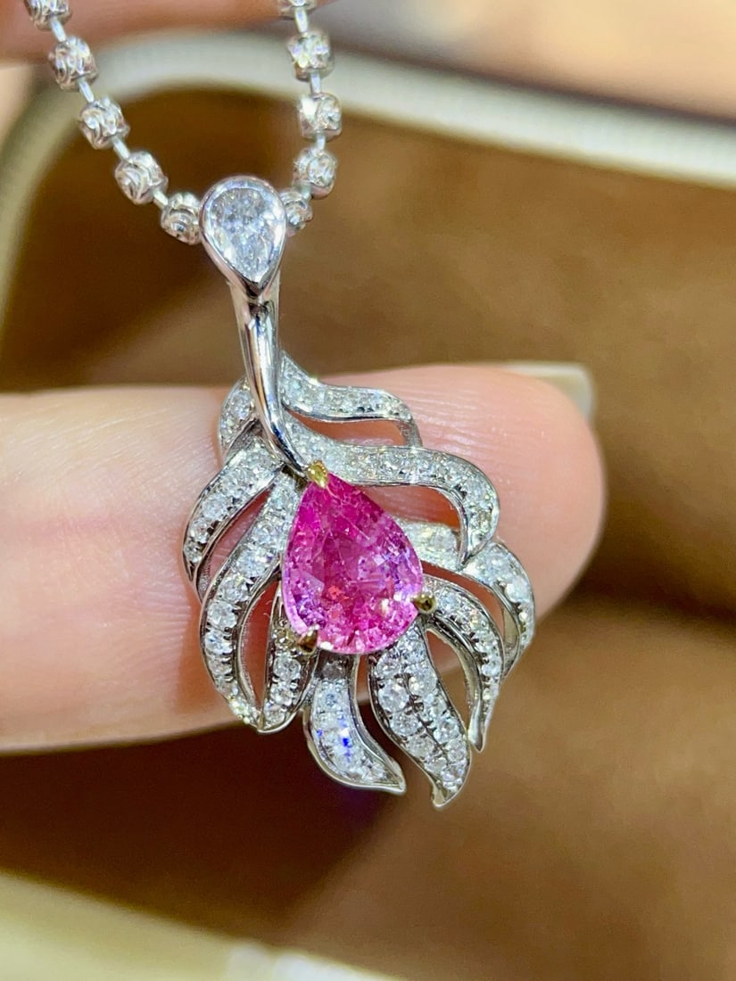 14k Gold 1.10 Ctw Natural Padparadscha Sapphire & Diamond Pendant( Without Chain ) - 2
