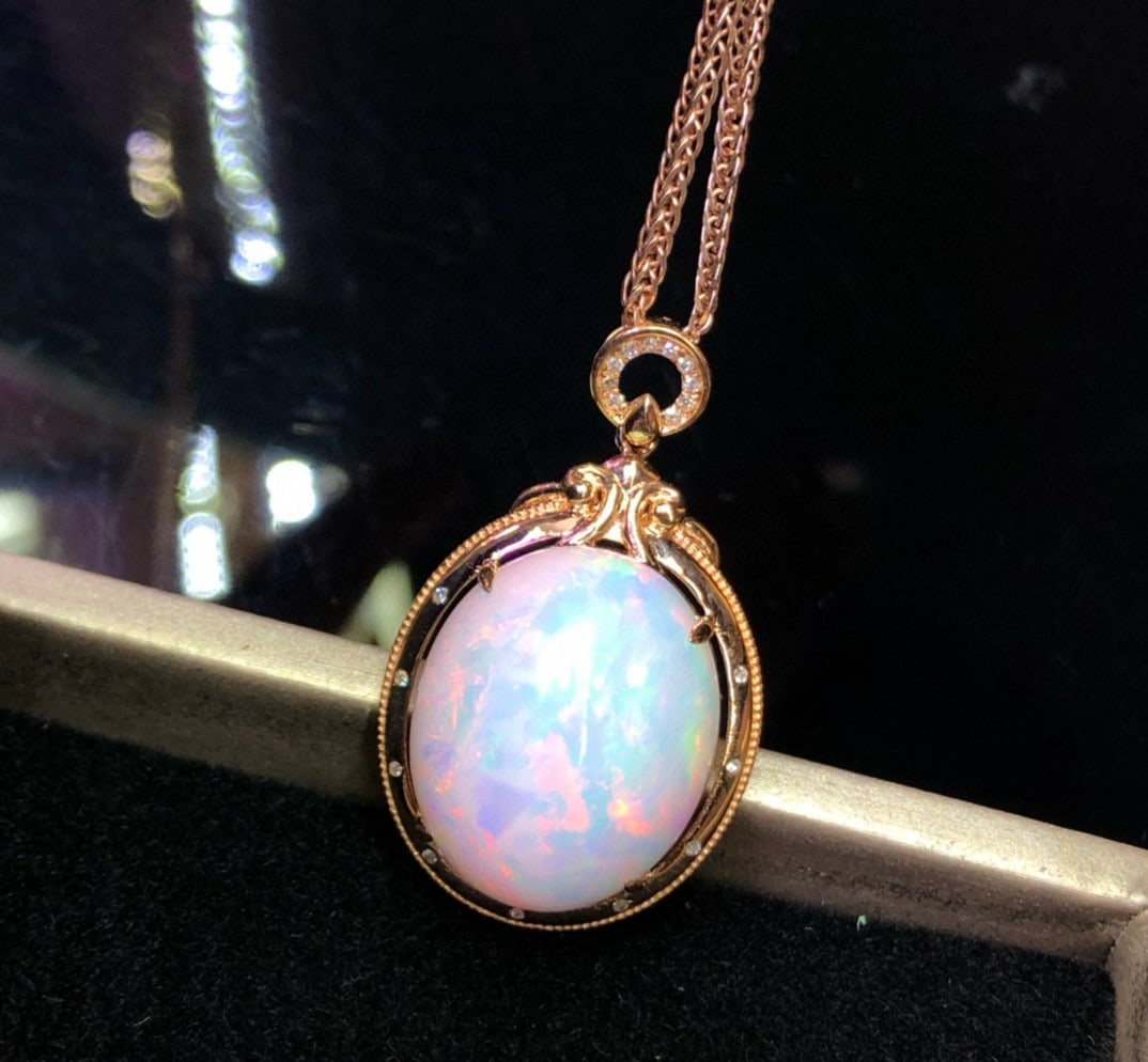 14k Gold 12.85 Ct Natural Opal & Diamond Pendant( Without Chain ) - 4