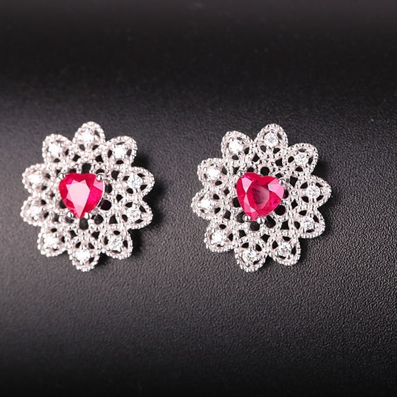 14k Gold 0.76 Ctw Natural Ruby & Diamond Earrings - 3