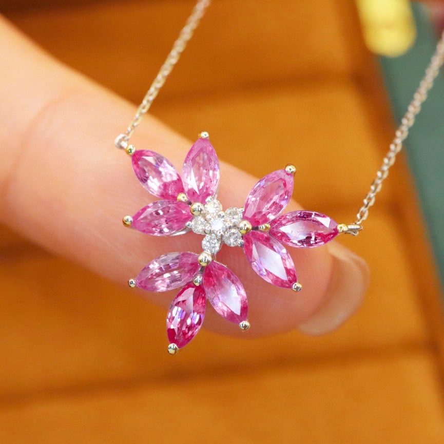 14k Gold 1.96 Ctw Natural Sapphire & Diamond Necklace: Ref:231035091 // gold content:14k gold // main gemstone:sapphire // shape:marquise // carat weight:1. 9ct // color:pink // treatment:natural // // adjacent gemstone 2 : diamond // number of stones:6