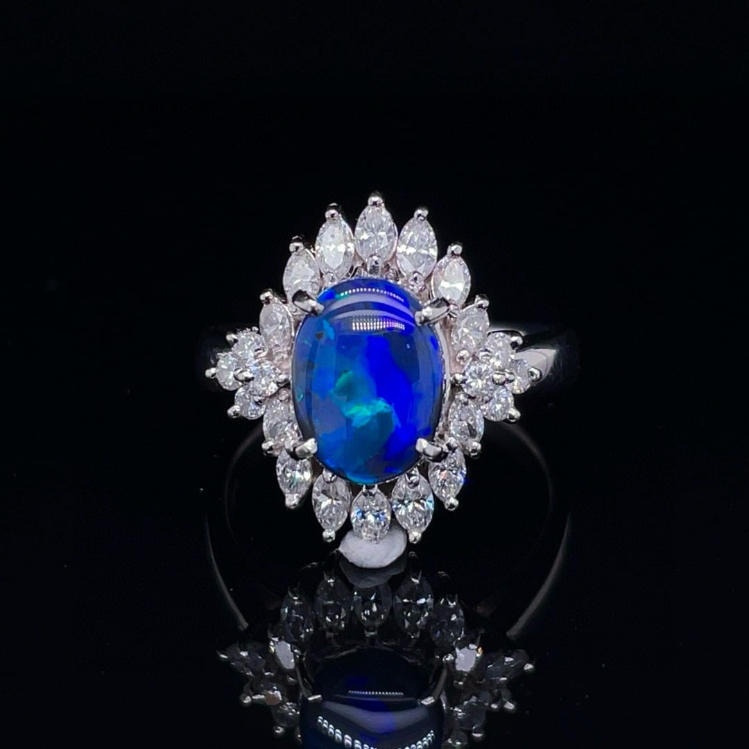 14k Gold 2.20 Ctw Natural Opal & Diamond Ring: Ref:231035121 // gold content:14k gold // ring size:7. 25us // // main gemstone:opal // shape:oval // carat weight:1. 34ct // color:blue // treatment:natural // // adjacent gemstone 2 : diamond //