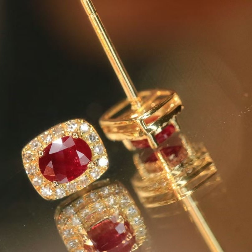 14k Gold 0.56 Ctw Natural Ruby & Diamond Earrings - 3