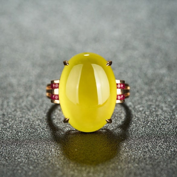 14k Gold 15.9 Ct Natural Prehnite & Ruby Ring: Ref:231035136 // gold content:14k gold // ring size:7. 25us // // main gemstone:prehnite // shape:oval // carat weight:15. 9ct // color:yellow // treatment:natural // // adjacent gemstone 2 : ruby //