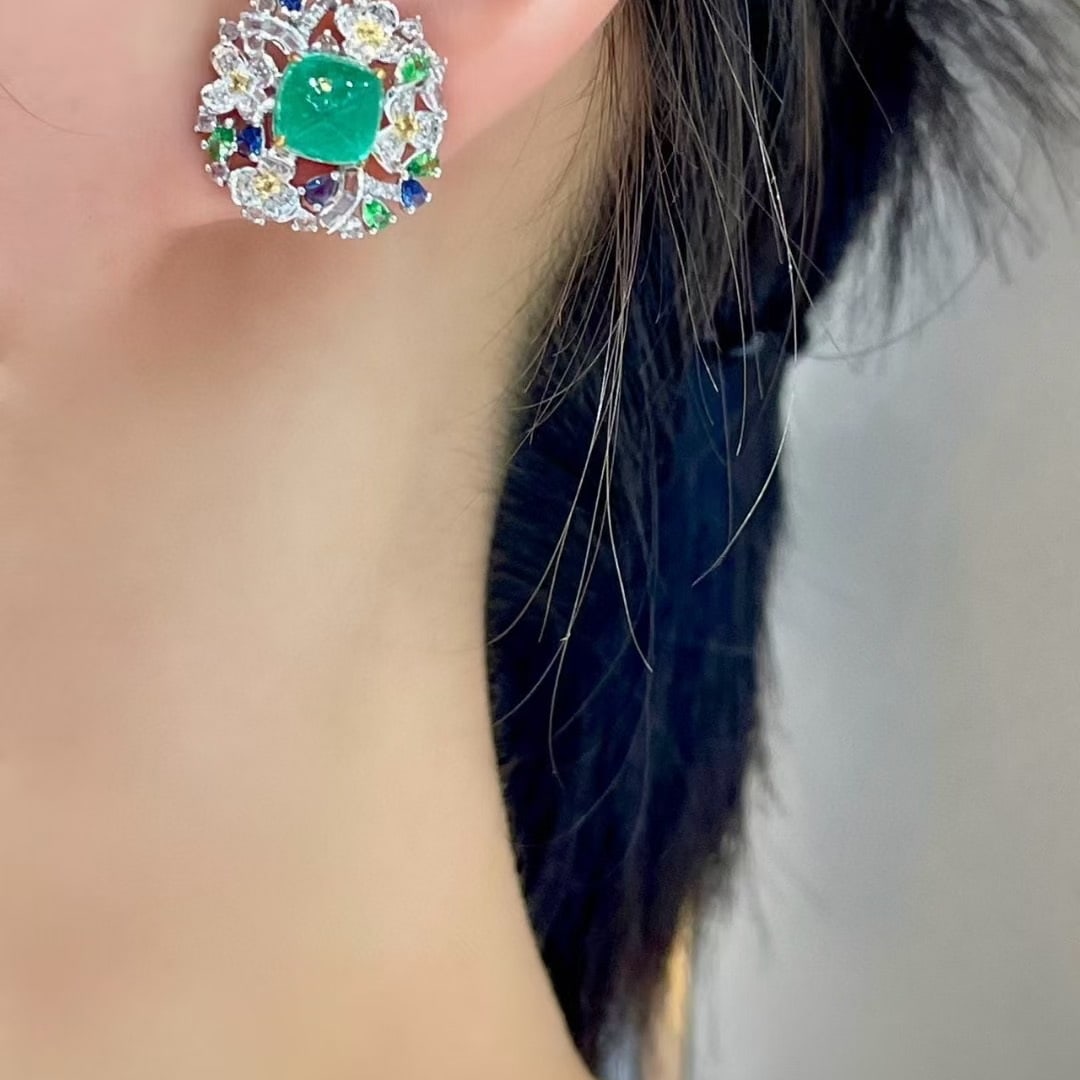 14k Gold 3.3 Ct Natural Emerald & Diamond & Coloured Gemstone Earrings - 2