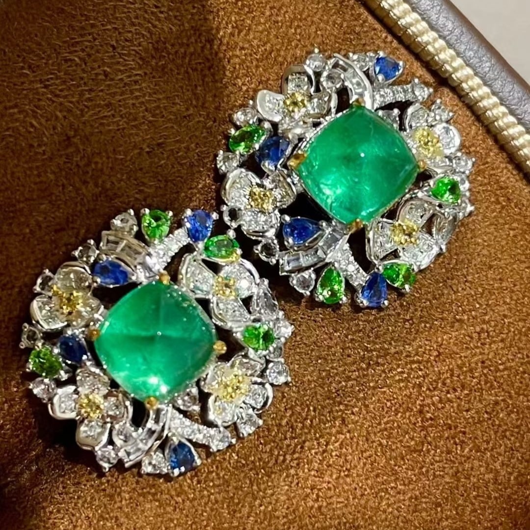 14k Gold 3.3 Ct Natural Emerald & Diamond & Coloured Gemstone Earrings - 3