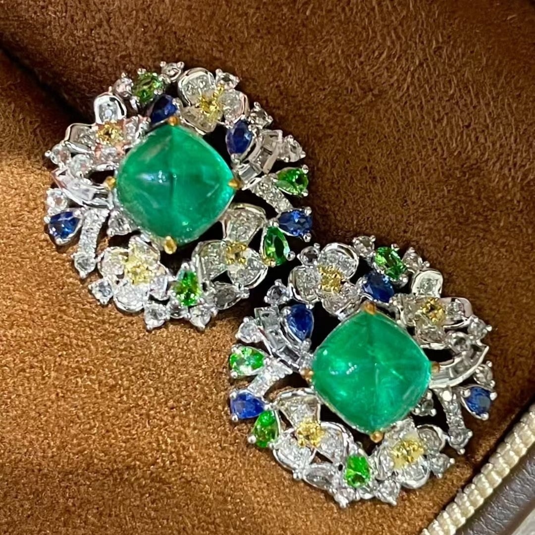 14k Gold 3.3 Ct Natural Emerald & Diamond & Coloured Gemstone Earrings - 4