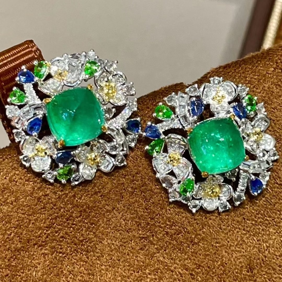 14k Gold 3.3 Ct Natural Emerald & Diamond & Coloured Gemstone Earrings - 5