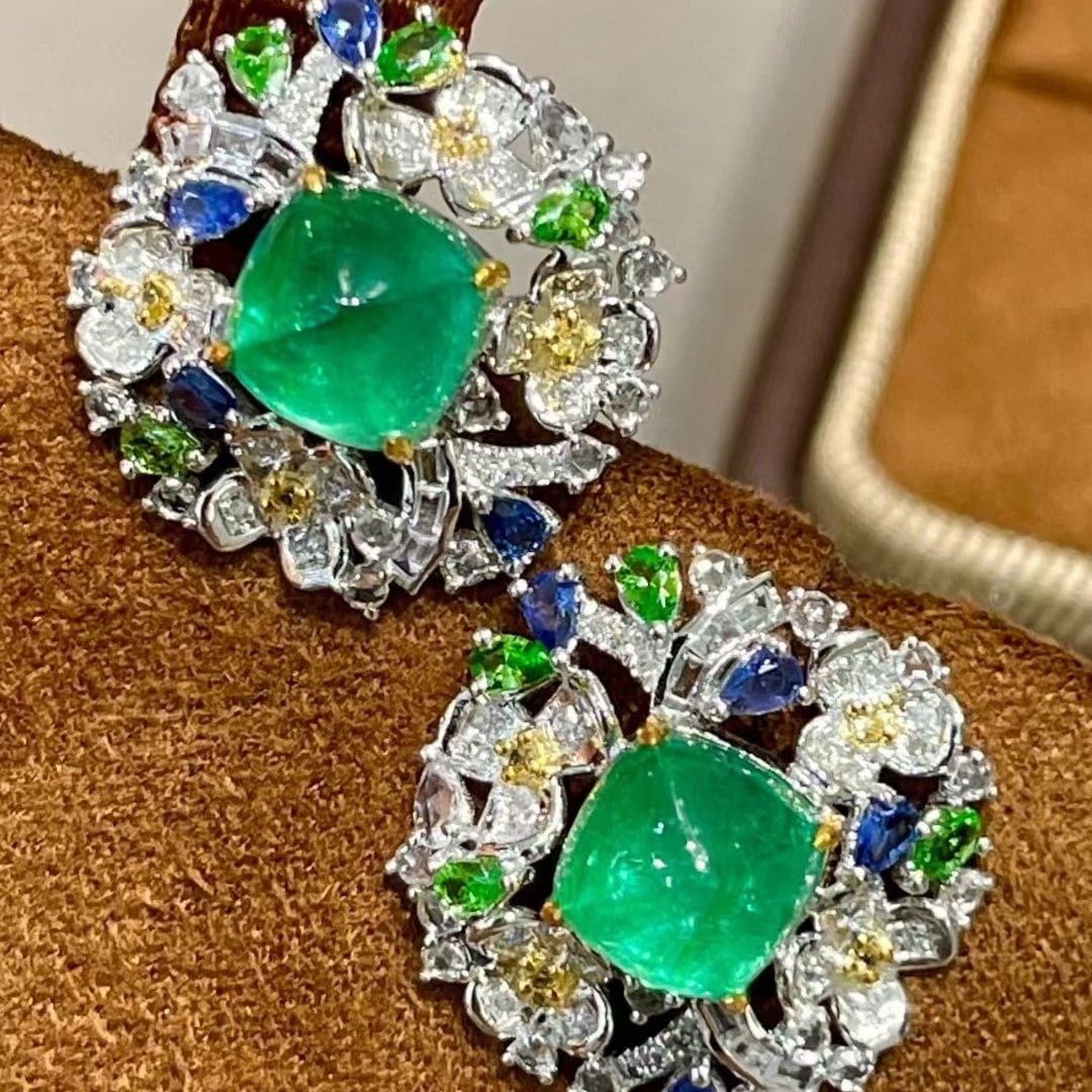 14k Gold 3.3 Ct Natural Emerald & Diamond & Coloured Gemstone Earrings - 6