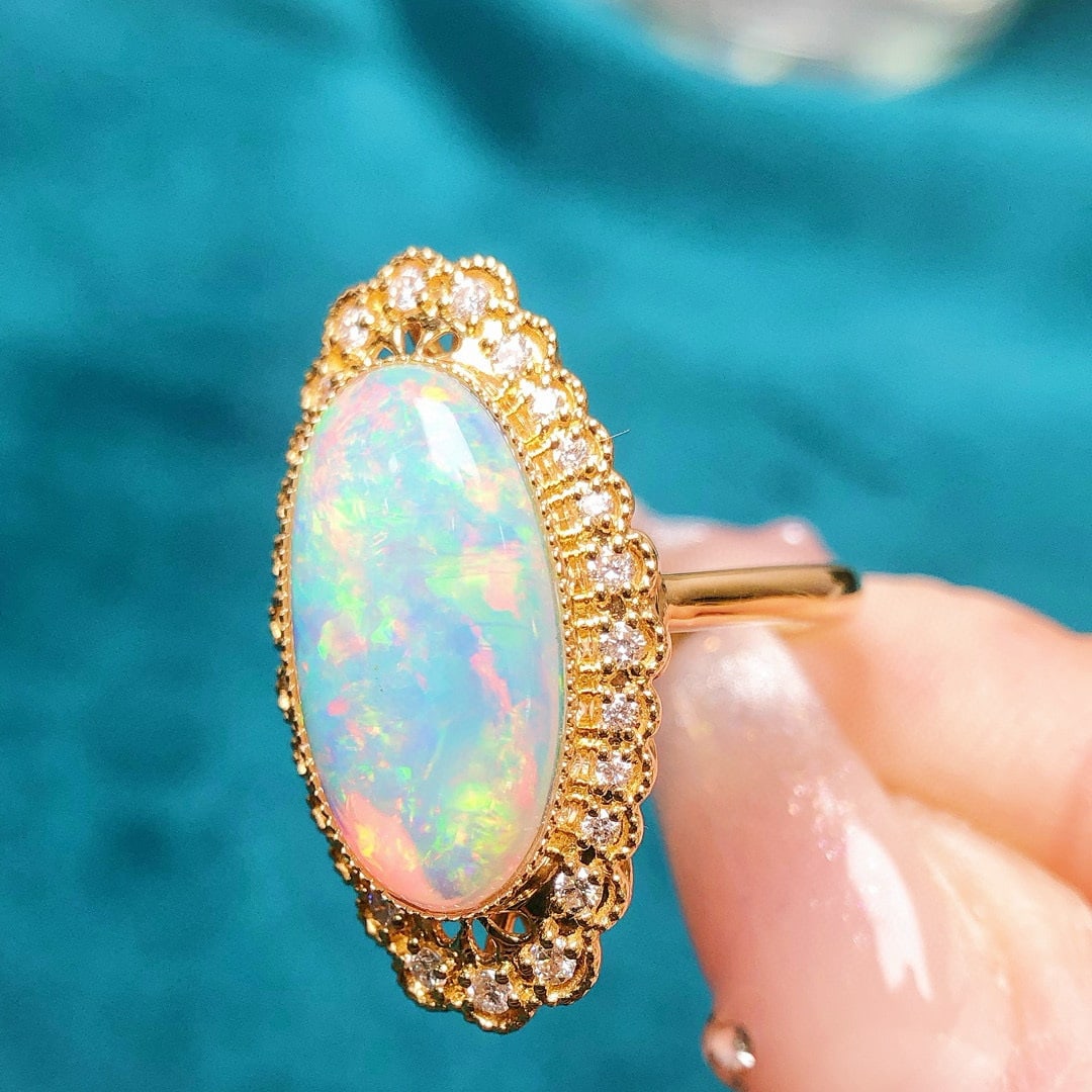 14k Gold 3.94 Ctw Natural Opal & Diamond Ring - 6