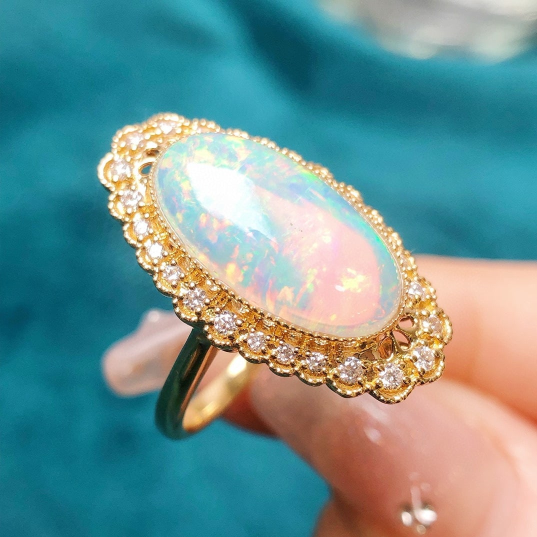 14k Gold 3.94 Ctw Natural Opal & Diamond Ring - 7