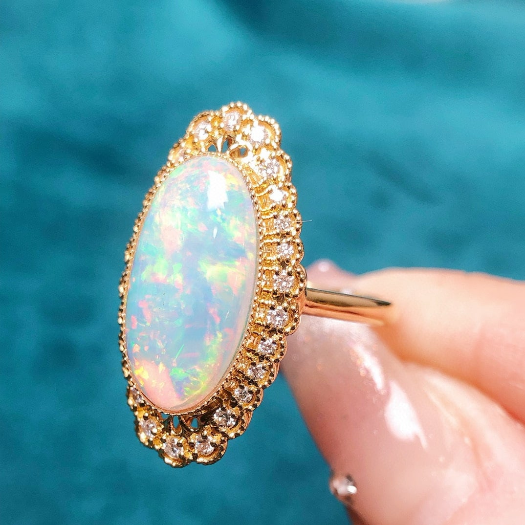 14k Gold 3.94 Ctw Natural Opal & Diamond Ring - 8
