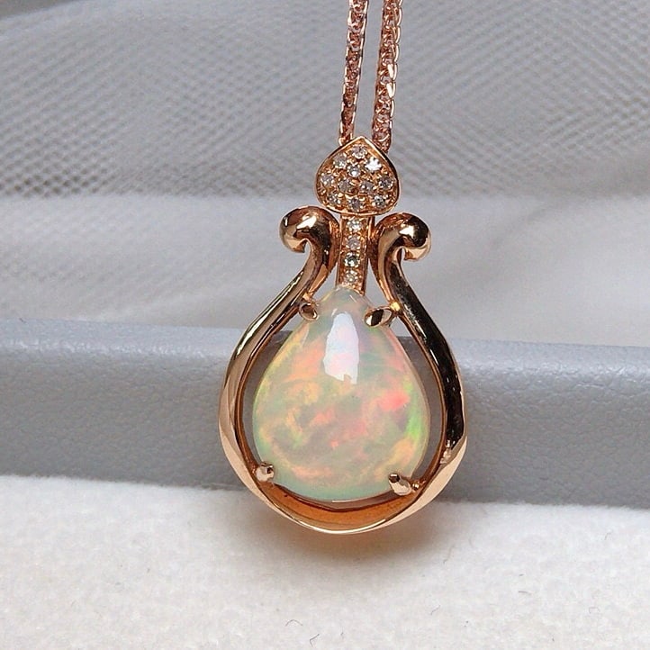 14k Gold 2.1 Ct Natural Opal & Diamond Pendant( Without Chain ) - 2