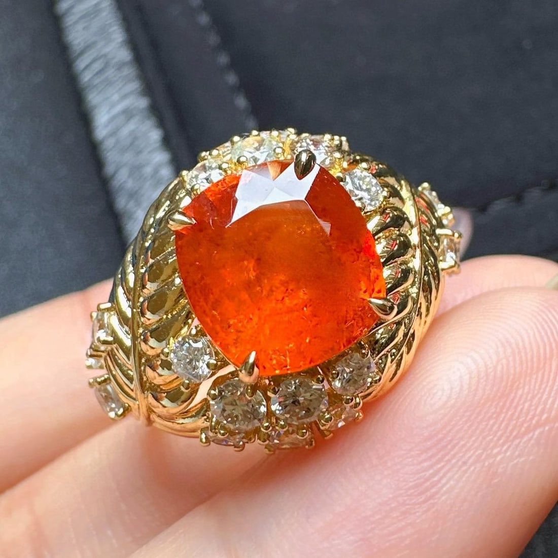 14k Gold 5.05 Ctw Natural Spessartine & Diamond Ring: Ref:231035164 // gold content:14k gold // ring size:7. 25us // // main gemstone:spessartine // shape:cushion // carat weight:3. 83ct // color:orange // treatment:natural // // adjacent gemstone 2 :
