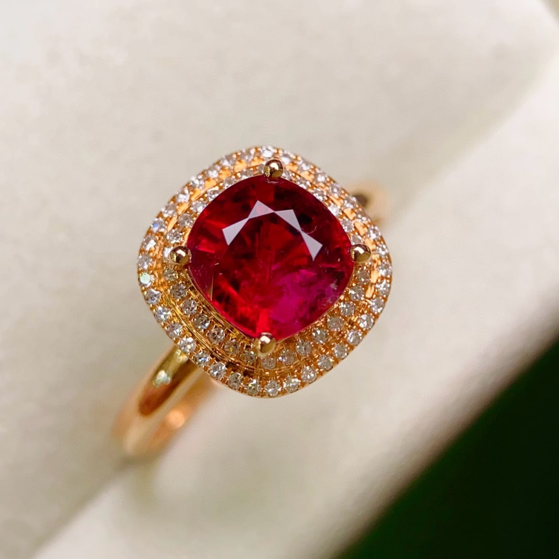 14k Gold 1.95 Ctw Natural Tourmaline & Diamond Ring: Ref:231035167 // gold content:14k gold // ring size:7. 25us // // main gemstone:tourmaline // shape:cushion // carat weight:1. 75ct // color:red // treatment:natural // // adjacent gemstone 2 :