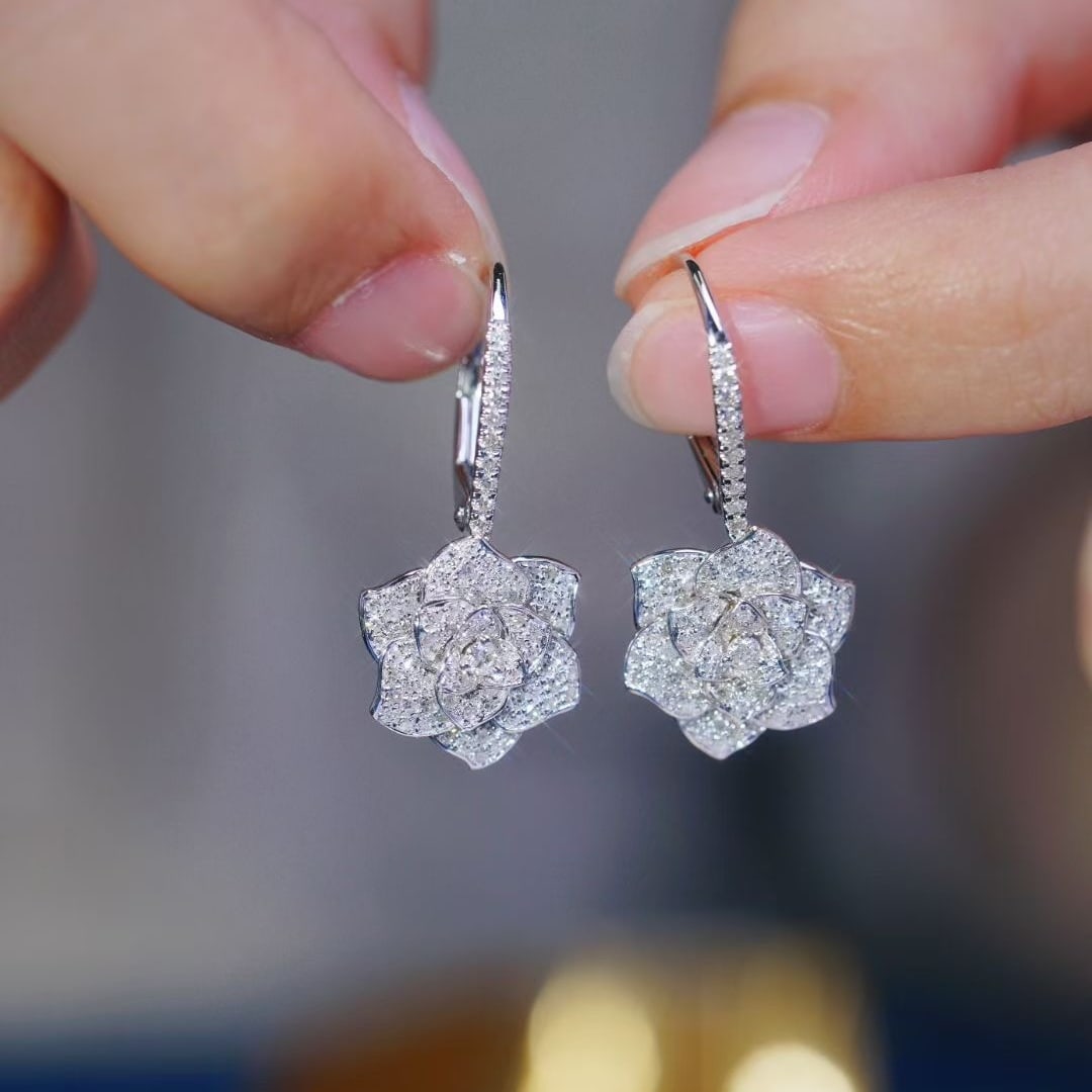 14k Gold 0.8 Ct Natural H Diamond & Flowers Earrings - 7